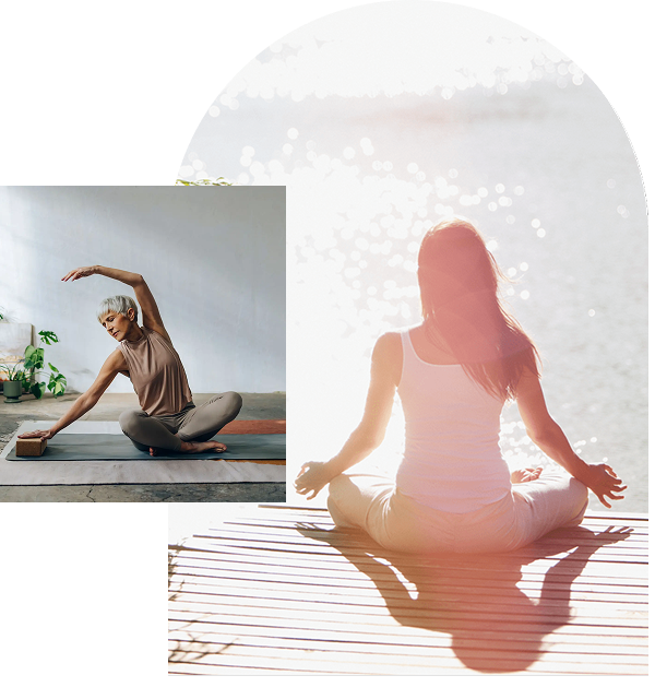 Two images of women practicing yoga and meditation indoors and outdoors.